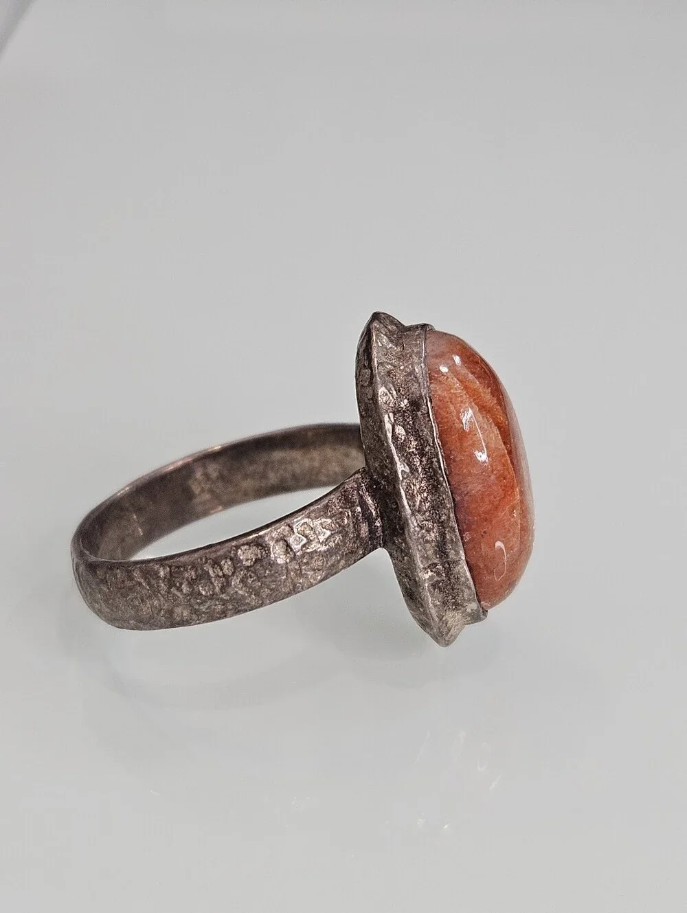Sterling Silver Oval Sunstone Hammered Textured Band 925 Gemstone Ring Size 9 US